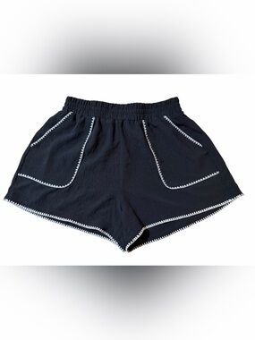 B. Black Textured Pull On Shorts with White Contrast Embroidery Trim Size Medium